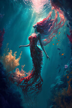 Ethereal Mermaid Swimming Underneath The Turqoise Sea. Generative AI, This Image Is Not Based On Any Original Image, Character Or Person.