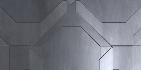 Futuristic conceptual design background. Spaceship texture wallpaper. Brushed technology pattern surface. 3D illustration. Symmetrical SciFi panels wall.