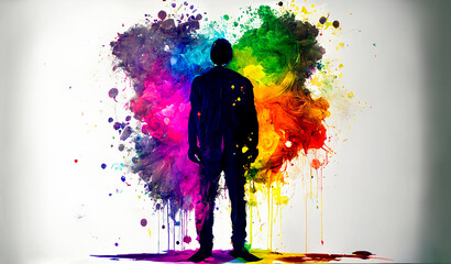 Silhouette of a person with rainbow explosion of colour behind them. Generative AI, this image is not based on any original image, character or person.