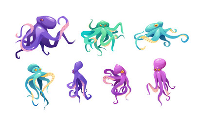 Wall Mural - Octopuses set cartoon vector illustration. Sea cute animal