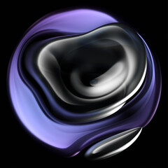 Wall Mural - 3d render of abstract art of surreal 3d ball or sphere in curve wavy round and spherical lines forms in transparent plastic material with glowing purple blue and violet color core on black background