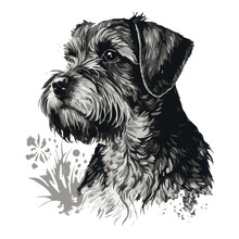 Dog, Miniature Schnauzer Breed, Black And White Portrait, Abstract Brush Painting. Printable Design For Wall Art, T-shirts, Mugs, Cases, Etc.