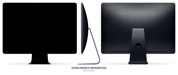 Poster - new computer monitor dark gray color with black screen front, back and side view isolated on white background. realistic and detailed mockup of display for system unit. vector illustration