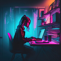 Cyberpunk illustration of a young hardworking girl working hard at the computer. Neon futuristic electro colors and lights. Generative AI.