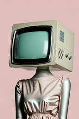 Wall Mural - A retro, cyber portrait with an old-fashioned, vintage television instead of a face. Abstract modern styling, technological outfit. Illustration, Generative AI.