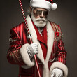 © Uncanny Valley - Modern and contemporary handsome Santa Claus hero character with a stick and glasses saves Christmas and New Year's holidays. Science fiction, futuristic illustration. Generative AI.
