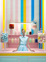 Wall Mural - Abstract illustration of a young girl who works in a candy store full of pastel marshmallows and sweets. Elegant clothes. Gentle feminine colors. Generative AI.