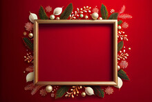 Merry Christmas Sign Banner Frame With Empty Space And Festive Decoration On Red Background. Ai-generated. Generative Ai.