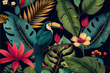 tropical pattern with jungle vegetation and exotic fauna in bright colors