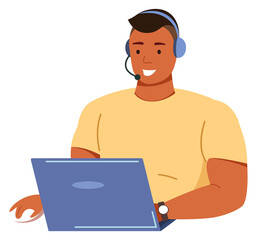 Poster - Black man in headset working on laptop. Freelancer character
