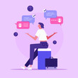 Woman surrounded by speech bubbles. Concept of verbal communication skills or abilities, business speaker, communicating through messages, flat vector illustration