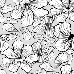 Wall Mural - Seamless vector pattern with flowers in line-art style on a gray background.