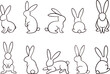 © Gexam - bunny outline PNG set, rabbits in different position collection, monochrome, Easter, line art, outline, isolated on transparent background. PNG with transparent background