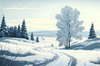 Hintergrund Illustration einer schneebedeckten Winterlandschaft mit Tannen, Baum und einem Weg
