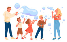 Cartoon Man And Woman Show To Cute Kids Big Clear Balloons, Recreation Of Happy Characters In Nature. Family People Blow Soap Foam Bubbles And Play On Fun Summer Party In Park Vector Illustration