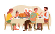 Thanksgiving dinner for happy big family vector illustration. Cartoon mother and father, grandparents and kids sitting at home table with feast meals, characters eat cooked turkey together and talking