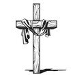Cross with canvas, crucifix with hanging down fabric, resurrection after crucifixion of Jesus, christianity symbol, vector