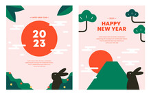 2023 Happy New Year. Lunar New Year Of The Rabbit Poster Set. Minimal Design Templates. Season Decoration, Banner, Flyer, Cover, Greeting Card, Modern Style. Trendy Design Flat Vector Illustration.