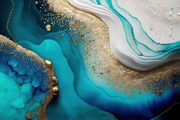 Wall Mural - marble aqua blue gold texture, liquid, wallpaper, background