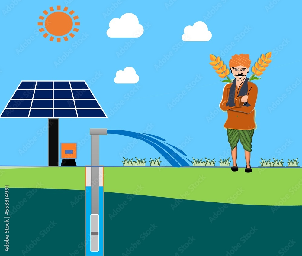 solar power submersible borewell water pump system, happy farmer with solar  water pumping system Stock Illustration | Adobe Stock