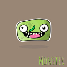 Hand Drawn Cartoon Monster Doodle Green Color On Brown Background