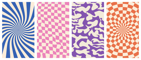 Set of groovy hippie vector posters.Twisted and distorted vector texture in trendy retro psychedelic style.Chessboard and twisted patterns.