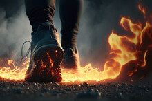 illustration of  fearless feet walking pass the fire flame on the ground 