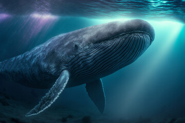 Wall Mural - illustration of big whale under ocean with light shine through wave ripple 