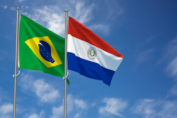 Federative Republic of Brazil and Republic of Paraguay Flags Over Blue Sky Background. 3D Illustration
