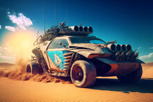 Crazy Futuristic Mad Max Car In The Desert, Post-apocalyptic 4x4 Off Road Vehicle
