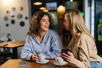 Wall Mural - Two young business women sit at the cafe and talk