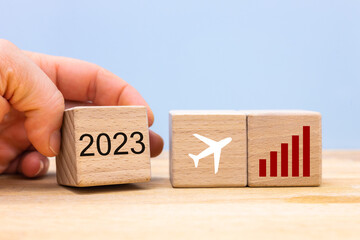 Fototapete - 2023, Business and financial concept, analysis of the air services market, air traffic, aviation fuel prices, Transport costs, Holiday and business flights
