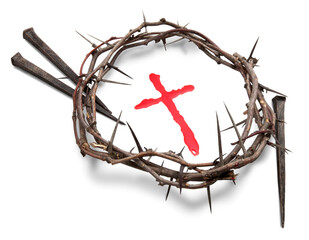 Fototapeta wood cross and crown of thorns. good friday. easter holiday.