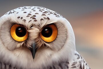 Extremely closeup portrait of beautiful owl. Huge owly eyes looking forward. Generative AI