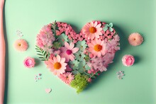  A Heart Shaped Arrangement Of Flowers On A Green Background With Pink Petals And Pink Flowers On The Side Of The Heart.