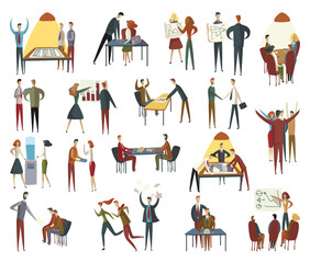 Wall Mural - Office People Characters Busy with Daily Activity Big Vector Set. Young Man and Woman Clerk and Manager at Workspace Working with Different Project