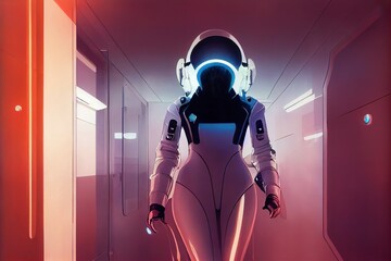 Wall Mural - cartoon style view of cosmonaut silhouette. Focused on mission. Generative AI