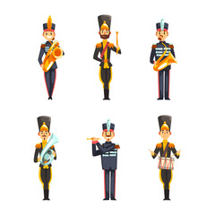 Poster - Military Band Member in Parade Uniform Playing Musical Instrument Vector Set