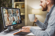 Employees Participate Virtual Conference With Boss Running Business Remotely, Businesspeople Hold Online Meeting On Laptop Group Chat, Entrepreneurs Making Video Call To Partner