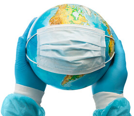 Poster - World Epidemic Danger. Earth globe with a face mask and hands