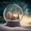 Festive Christmas ornament in sparkling snow globe with tiny landscape inside. AI generated illustration