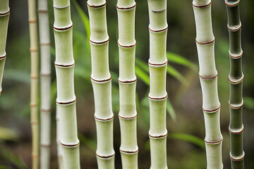 green bamboo shoots grow against the background of green nature, generative ai