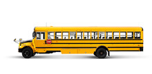 Yellow School Bus Side View Isolated On White Studio Background