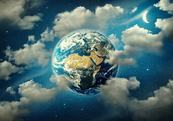Wall Mural - planet earth surrounded by clouds, the moon and stars in the night sky. fantasy collage on travel, g