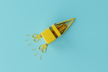 Canvas Print - Yellow school supplies forming a racket against a blue background. Back to school concept. 3d render.