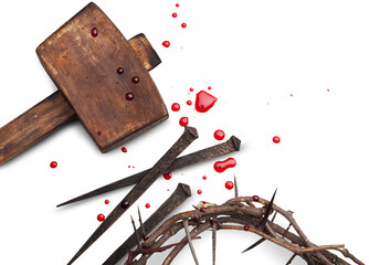 Wall Mural - Jesus Christ - Cross With  wooden Hammer and Bloody Nails And Crown Of Thorns