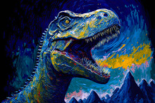 Oil Painting Of A Dinosaur In The Style Of Vincent Van Gogh. Generative AI