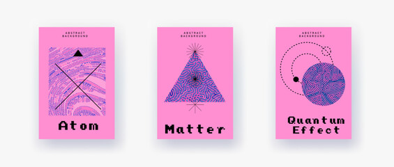 Poster - Set of posters with geometric abstract shapes with organic pattern of colorful lines.