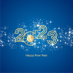 Wall Mural - Happy New Year 2023 light stars white sparkle firework golden triple line design numbers with clock countdown blue vector greeting card