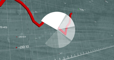 Poster - Pie graph and red graph moving over financial data processing against empty office